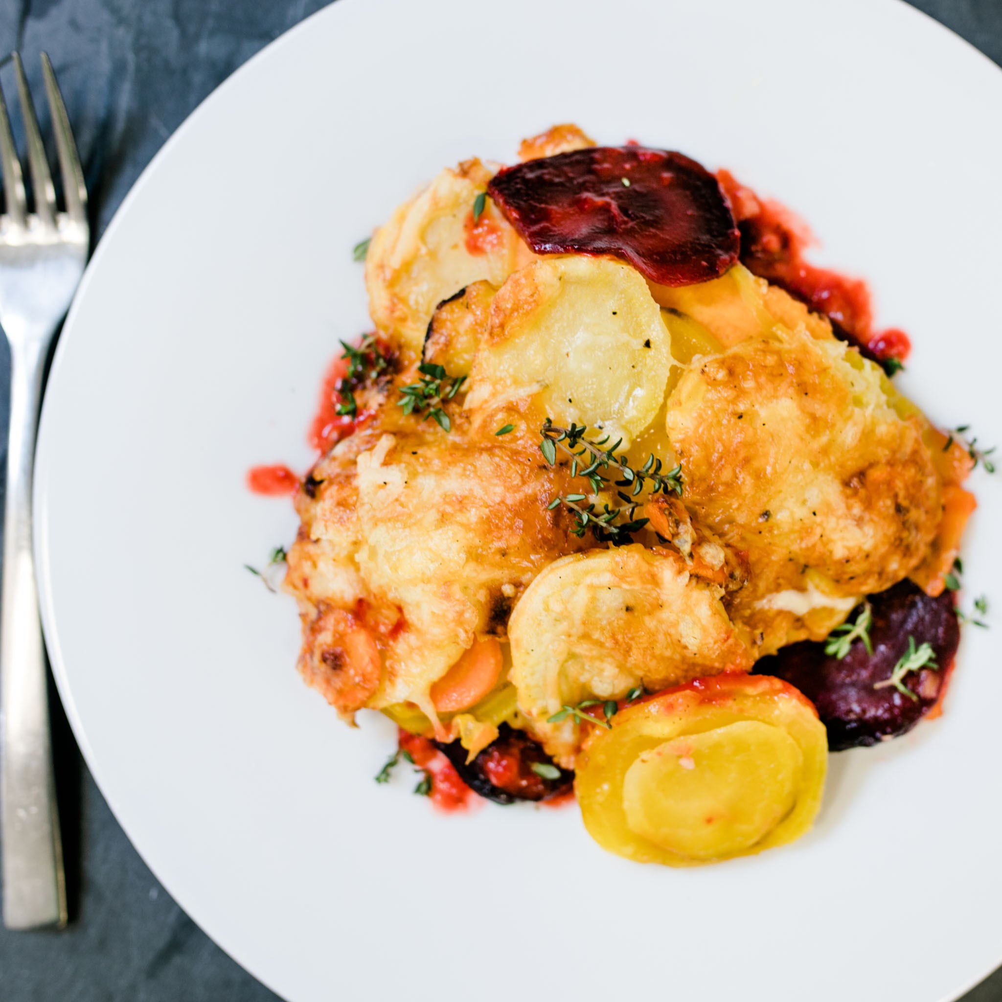 Winterliches Gemüse-Gratin (Kürbis - Rote Beete - Sellerie - Kartoffel ...