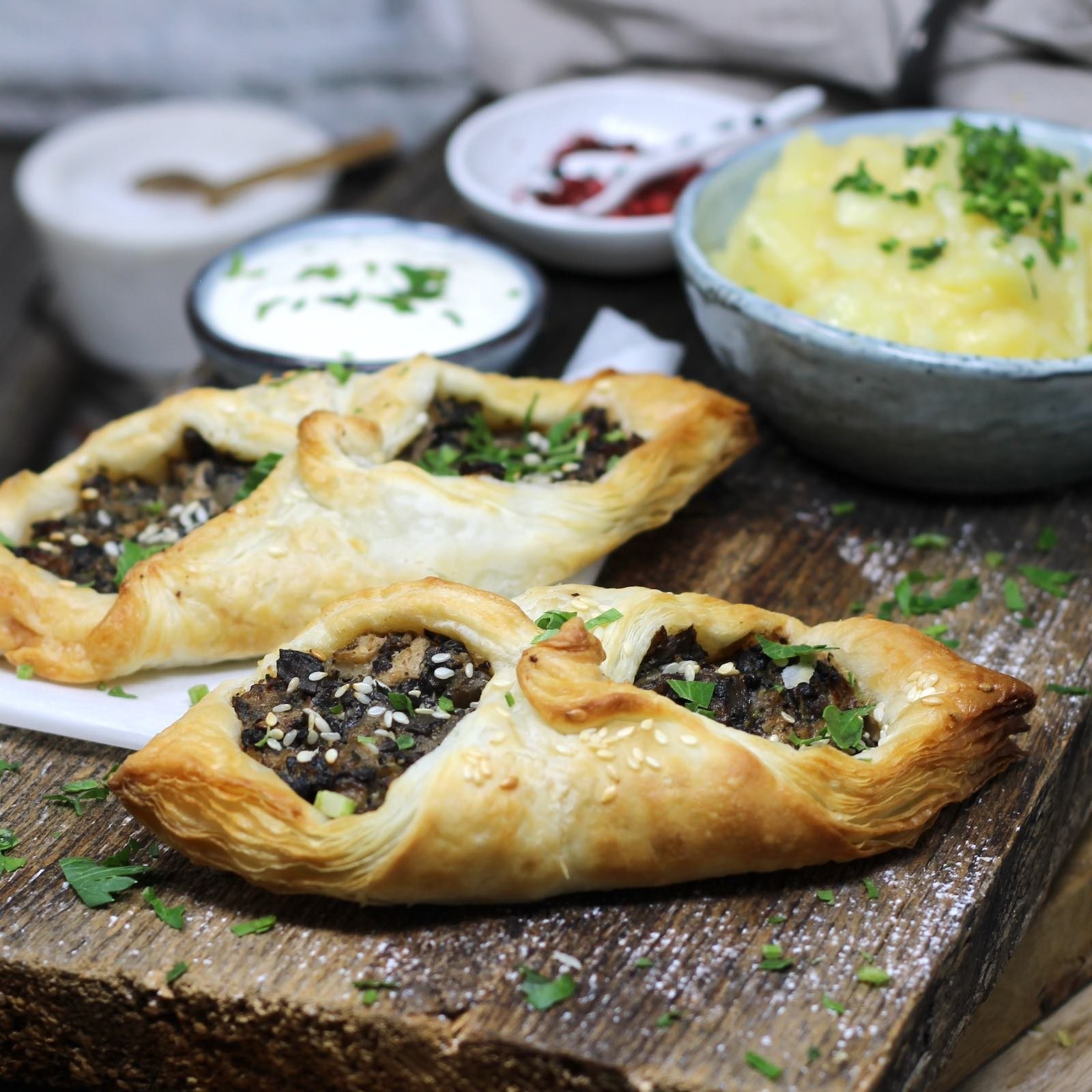 Pilz-Taschen mit Kartoffelsalat und Kräuter-Dip