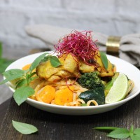 Coconut Chicken mit Kürbis, Brokkoli, Zucchini und Reisnudeln